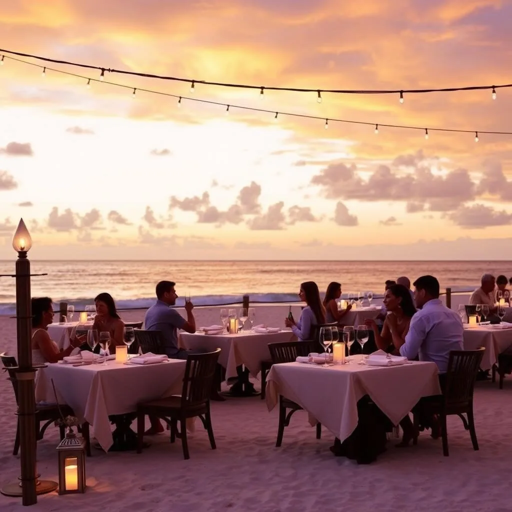 Sunset dining at a beachfront restaurant near Malmok, Aruba with tables set on the sand
