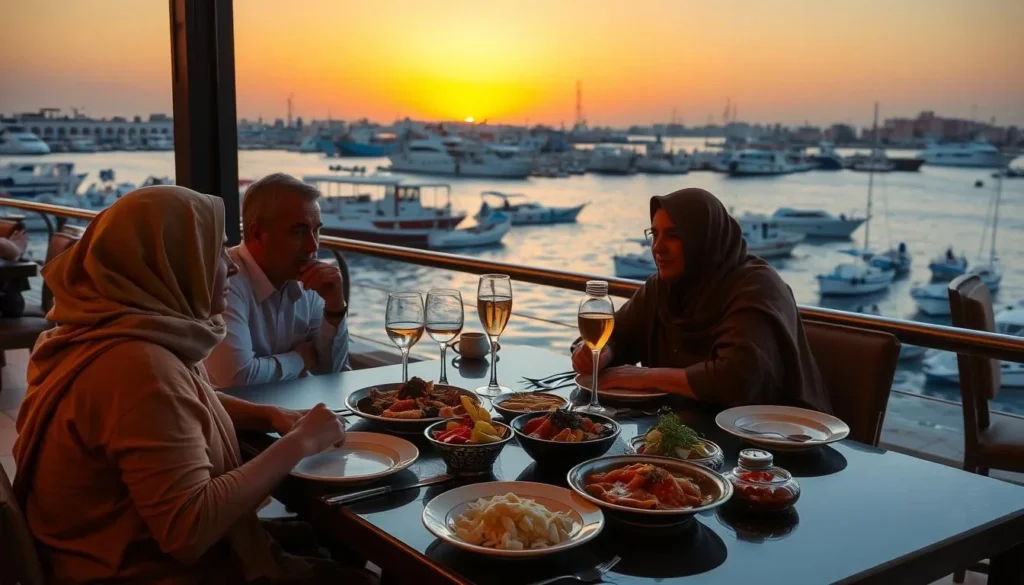 Sunset dining at a seafood restaurant overlooking Al Ruwais harbor in Al Shamal Qatar