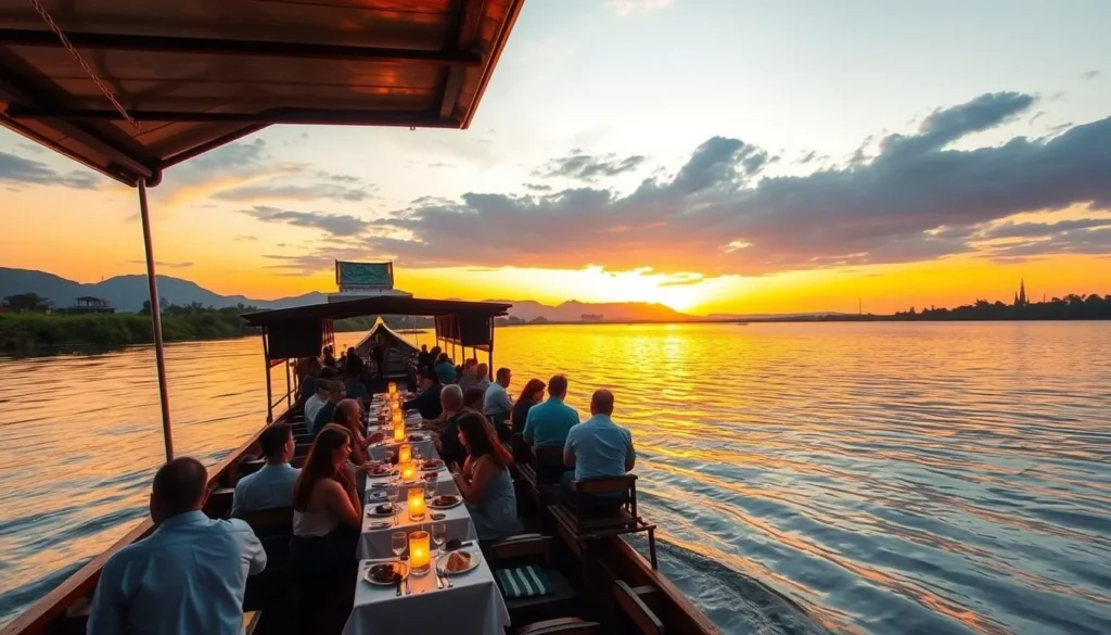 Sunset dinner cruise on the Mekong River with traditional Lao longboat and mountains in background