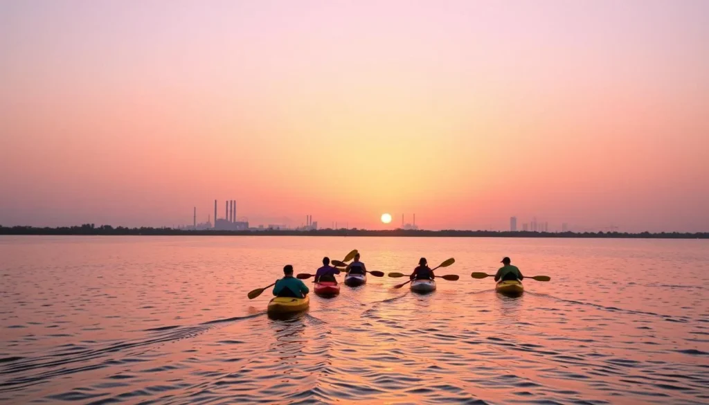 Sunset kayaking along Sitra's mangrove coastline with industrial silhouettes in the distance