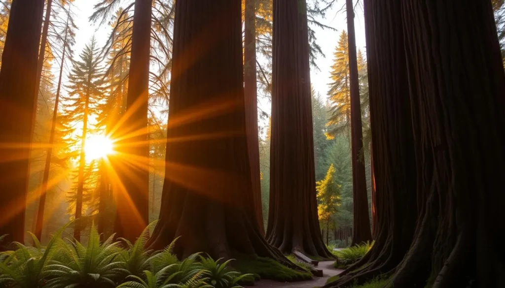 Sunset light filtering through redwood trees at Richardson Grove State Park
