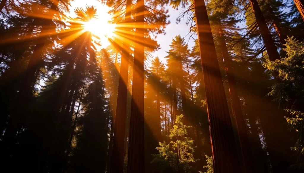 Sunset light illuminating the tops of redwood trees in Mailliard Redwoods State Natural Reserve