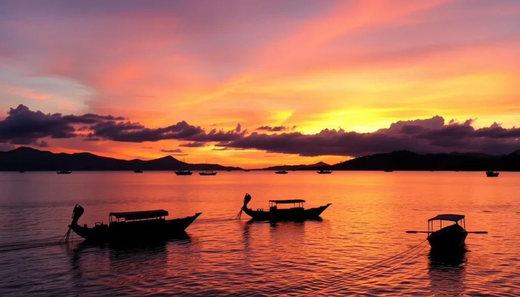 Sunset over Ambon Bay with silhouettes of traditional boats and mountains