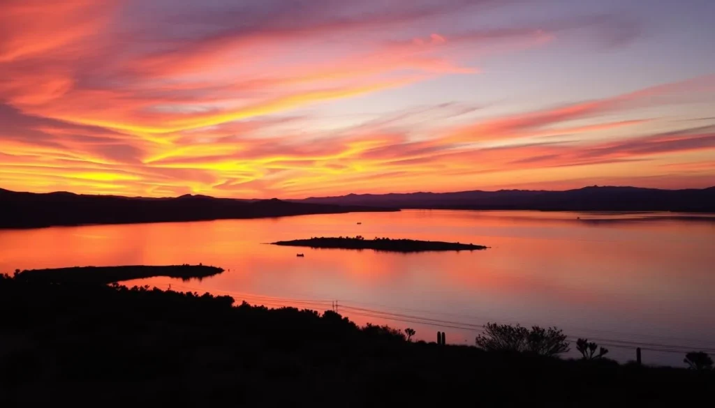 Sunset over Amistad Reservoir with silhouettes of boats in Amistad National Recreation Area, Texas