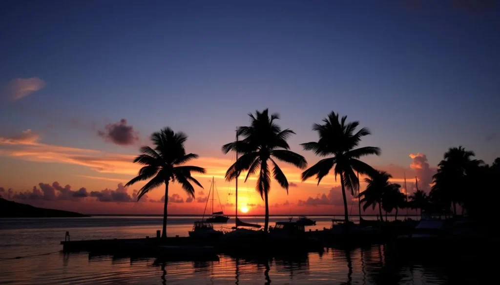 Sunset over Anegada Island with silhouettes of palm trees and boats in the harbor