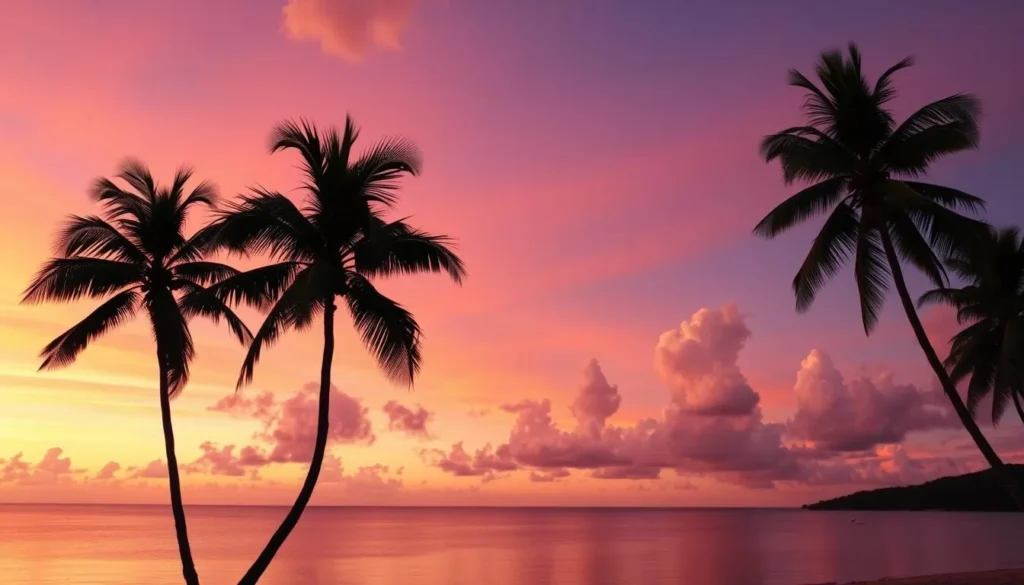 Sunset over Antigua's coastline with silhouettes of palm trees and calm waters