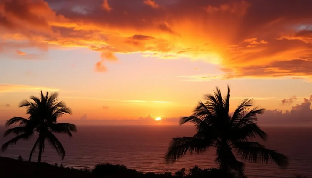 Sunset over Arecibo Puerto Rico coastline with silhouetted palm trees