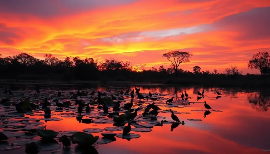Sunset over Arnhem Land billabong during dry season with water lilies and birds