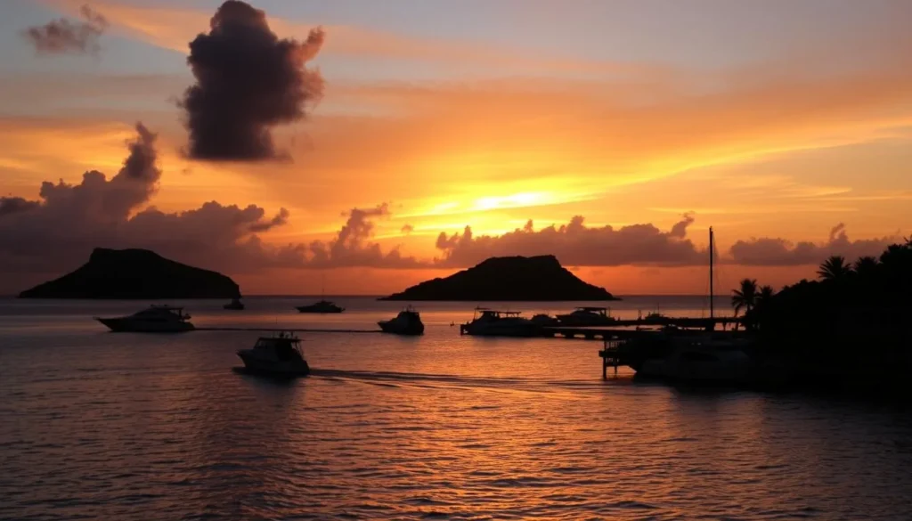 Sunset over Arrecifes de Cozumel National Park with boats returning to harbor after a day of diving and snorkeling Sunset over Arrecifes de Cozumel National Park with boats returning to harbor after a day of diving and snorkeling