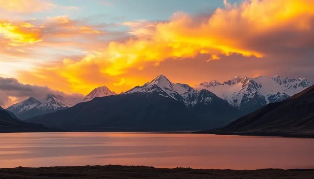 Sunset over Aysen's mountains and lakes, showcasing the region's pristine wilderness
