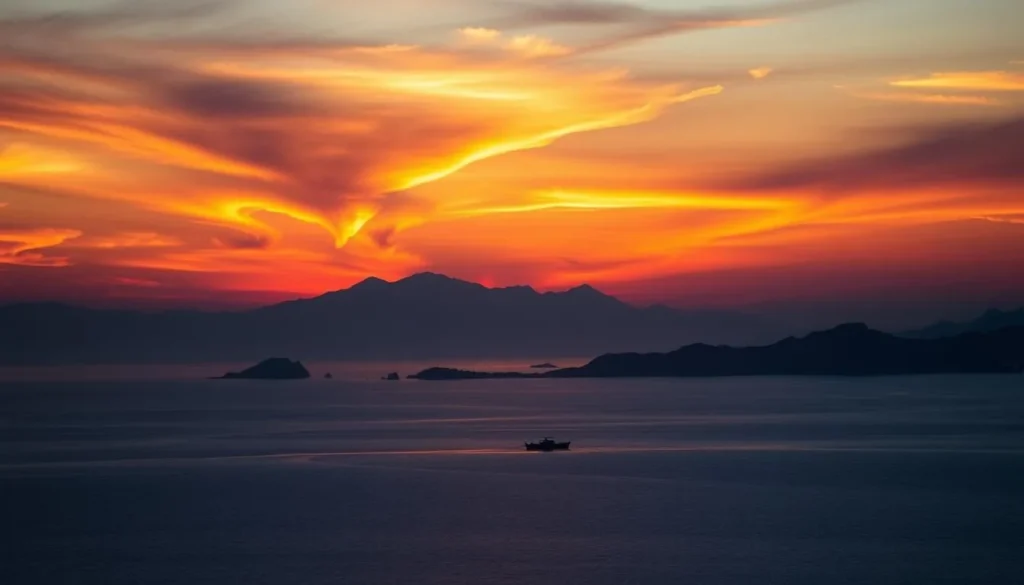 Sunset over Bahia de Loreto National Park with silhouettes of islands