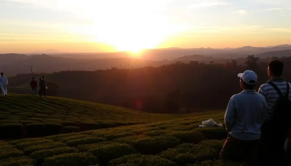 Sunset over Bandung tea plantations with people enjoying the view, epitomizing the beauty of Bandung Indonesia things to do