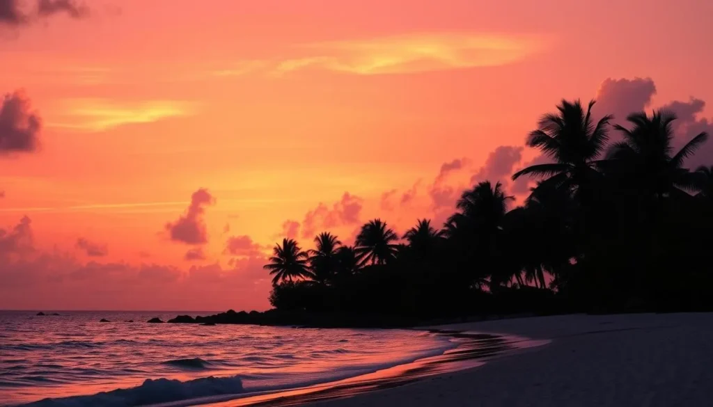 Sunset over Barbuda beach with palm trees silhouetted against orange sky