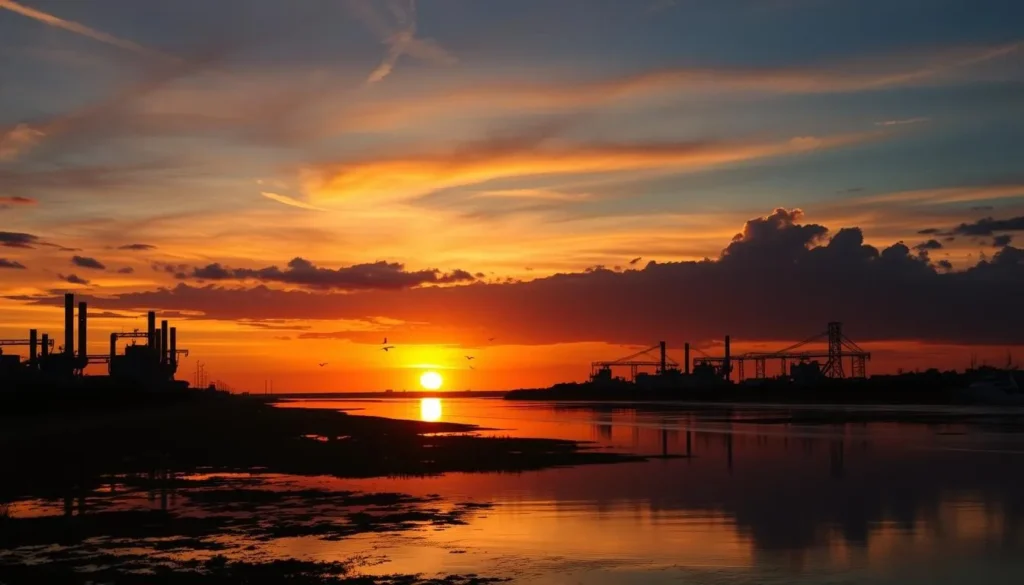 Sunset over Baytown waterfront with silhouettes of industrial structures and natural areas