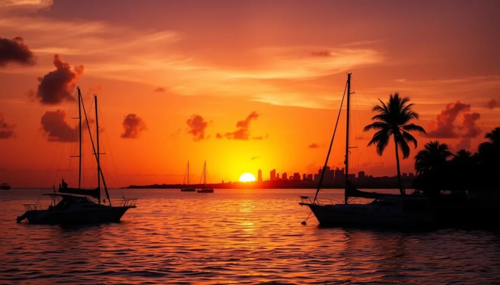 Sunset over Belize City harbor with boats silhouetted against orange and purple sky reflecting on calm water Sunset over Belize City harbor with boats silhouetted against orange and purple sky reflecting on calm water