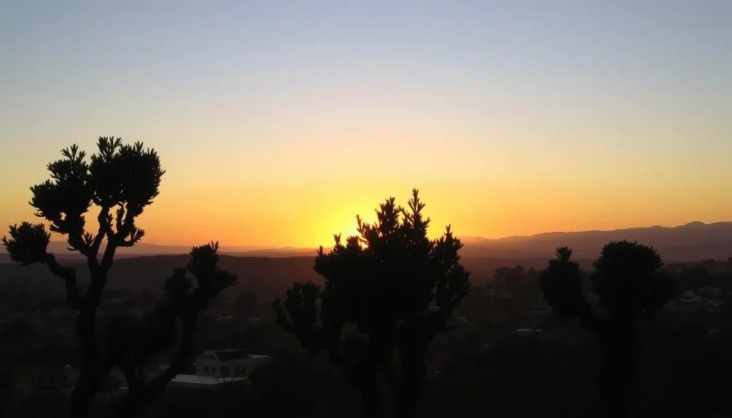 Sunset over Benslimane with cork oak forest silhouette