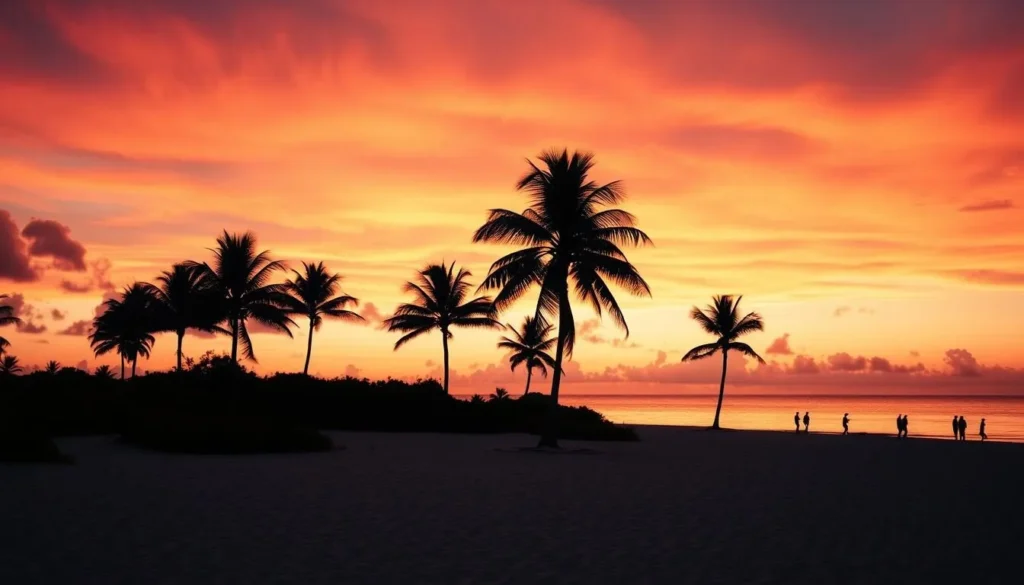 Sunset over Bermuda beach with silhouettes of palm trees
