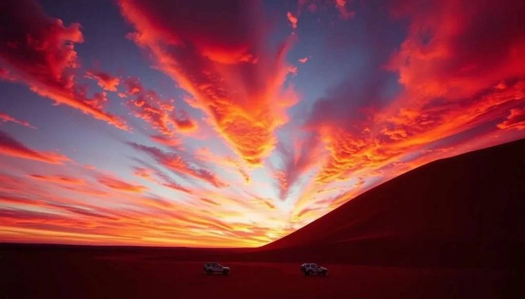 Sunset over Big Red sand dune in Birdsville, Queensland with vibrant orange and red colors Sunset over Big Red sand dune in Birdsville, Queensland with vibrant orange and red colors