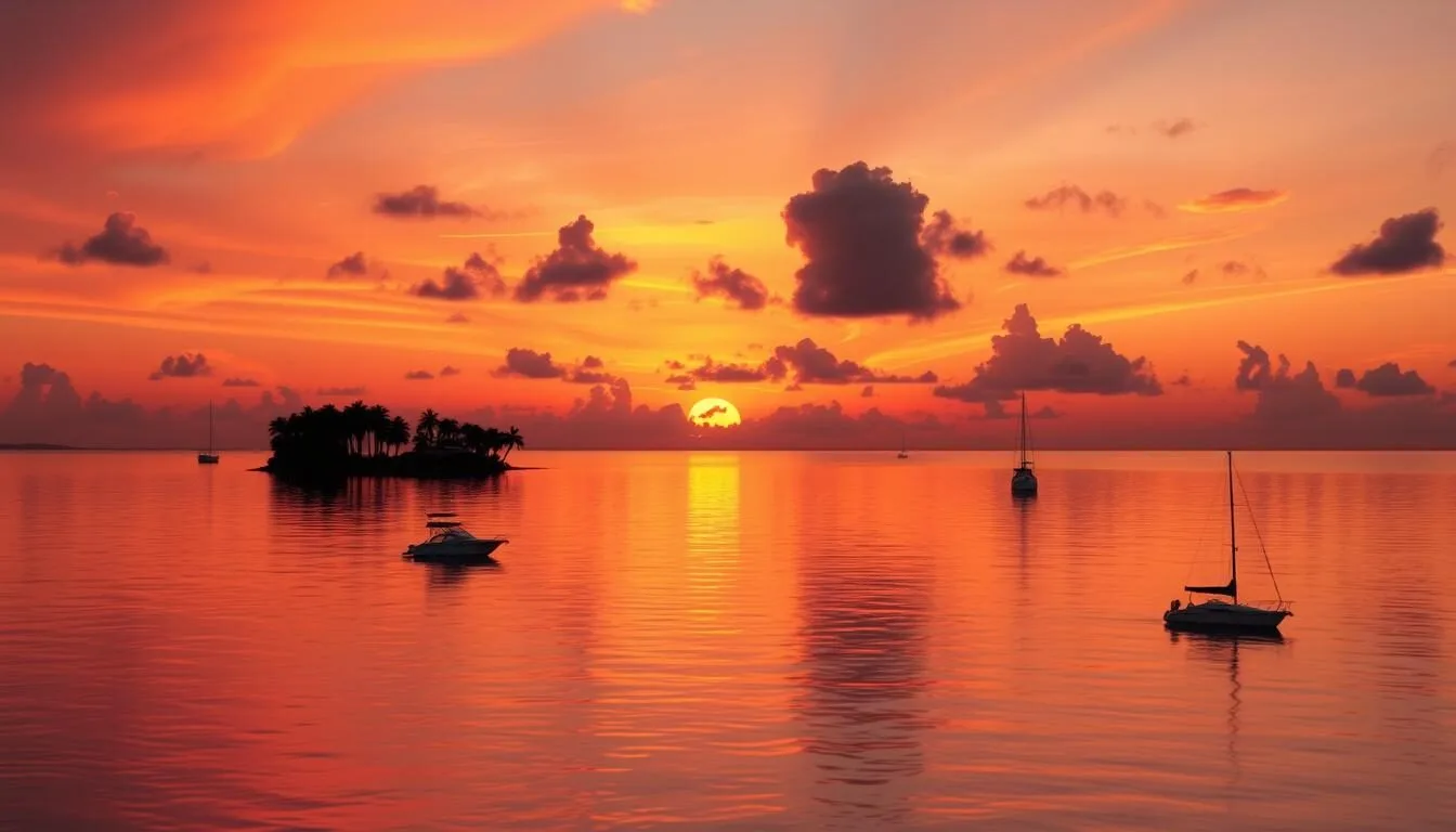 Sunset-over-Biscayne-National-Park-Florida-with-boats-silhouetted-against-orange-and-pink-sky Sunset over Biscayne National Park, Florida with boats silhouetted against orange and pink sky