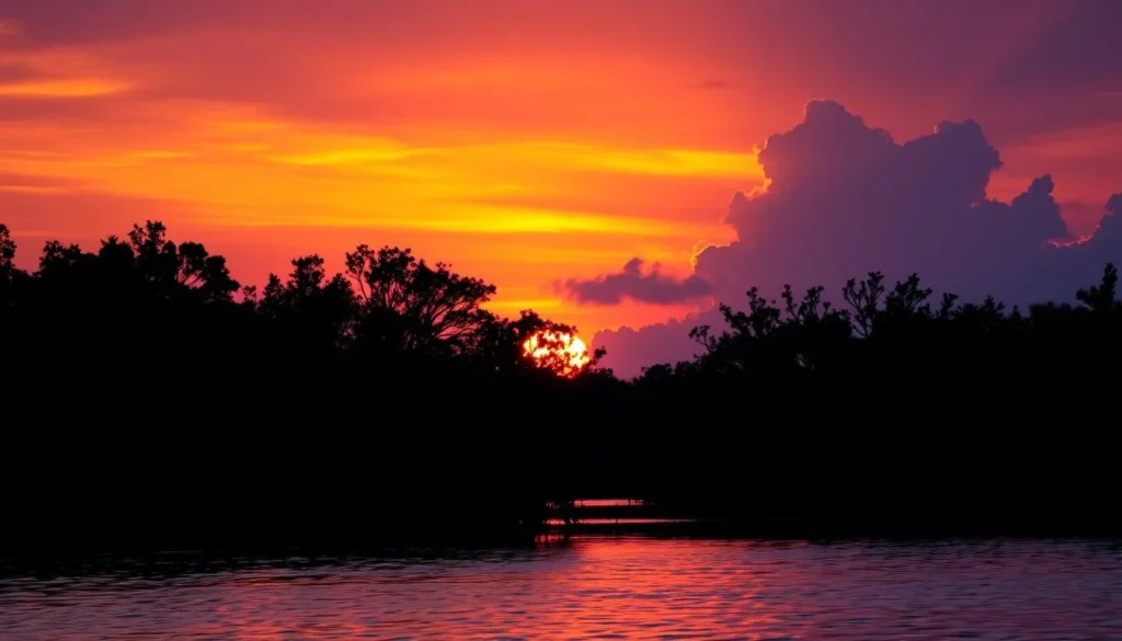 Sunset over Blackwater River in Collier-Seminole State Park with silhouettes of mangroves