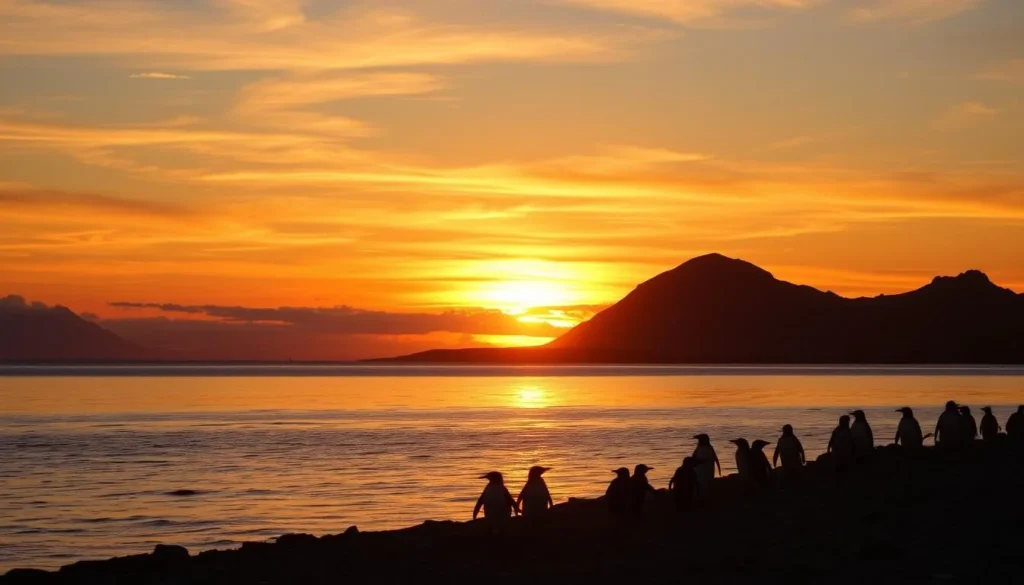 Sunset over Bleaker Island coastline with penguins returning from the sea