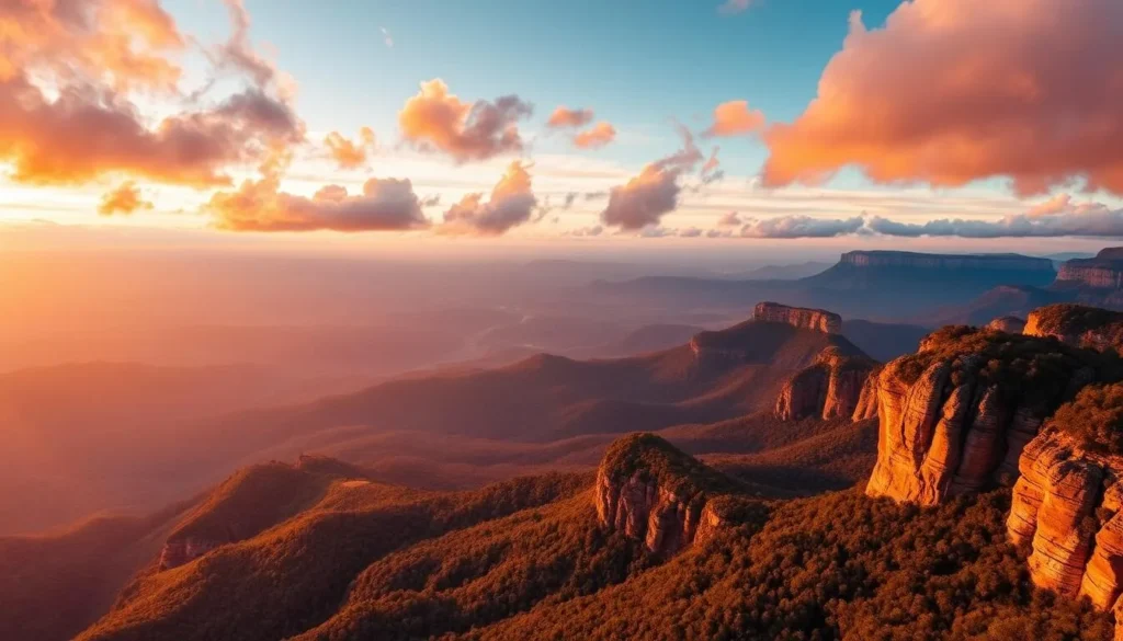 Sunset over Blue Mountains National Park with golden light illuminating the valleys and cliffs Sunset over Blue Mountains National Park with golden light illuminating the valleys and cliffs