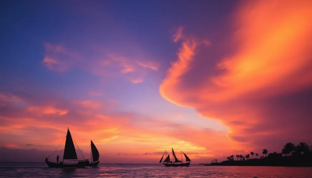 Sunset over Bombetoka Bay with traditional boats silhouetted against the colorful sky