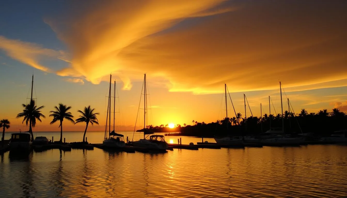 Sunset-over-Boot-Key-Harbor-with-silhouettes-of-boats-and-palm-trees Sunset over Boot Key Harbor with silhouettes of boats and palm trees