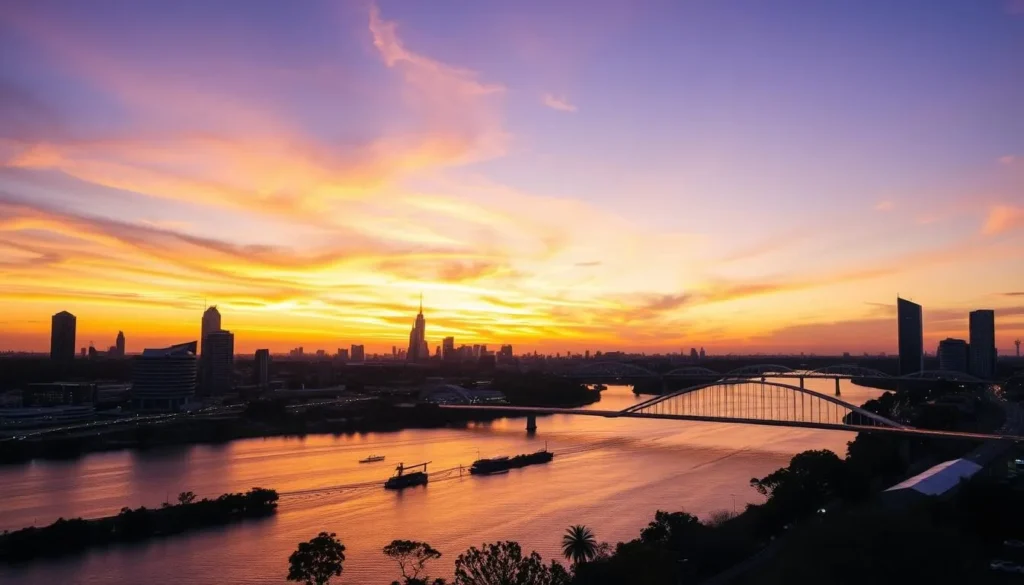 Sunset over Brisbane River and city skyline during perfect weather, capturing the essence of Brisbane Queensland best months for a weather-savvy trip