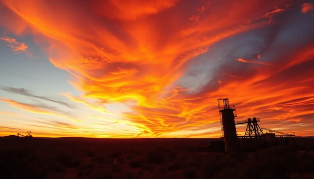 Sunset over Broken Hill, New South Wales with dramatic orange and red sky