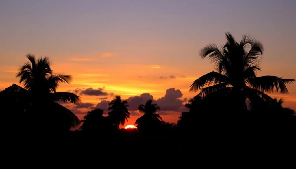 Sunset over Cabaiguan with silhouettes of palm trees and colonial buildings