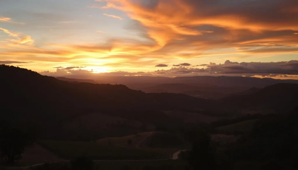 Sunset over Canungra Valley with mountains and vineyards Sunset over Canungra Valley with mountains and vineyards