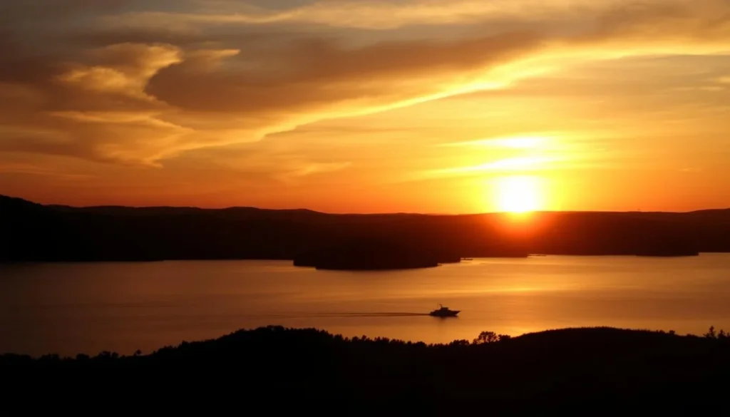 Sunset over Canyon Lake with silhouettes of boats and the surrounding hills