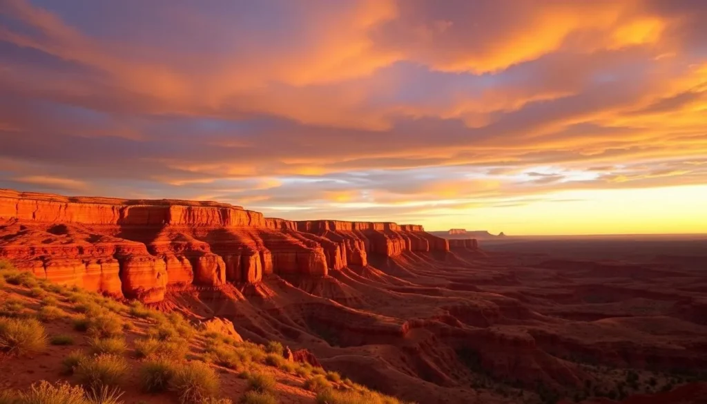 Sunset over Caprock Canyons State Park with dramatic red canyon walls glowing in the evening light Sunset over Caprock Canyons State Park with dramatic red canyon walls glowing in the evening light