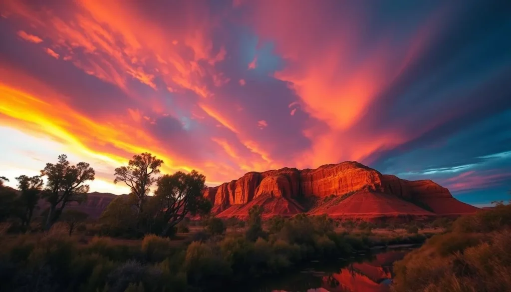 Sunset over Carnarvon Gorge with dramatic colors illuminating the sandstone cliffs