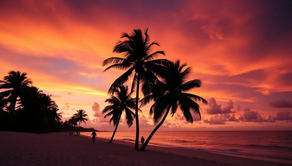 Sunset over Cayo Coco beach with palm trees silhouetted against orange sky