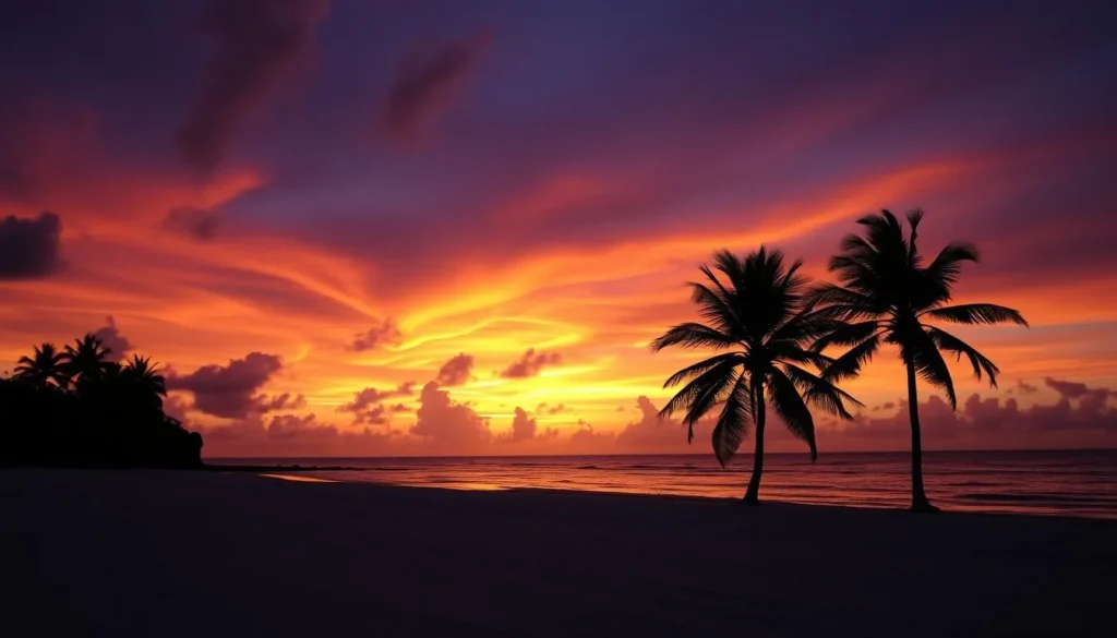 Sunset over Cayo Levisa beach with palm trees silhouettes