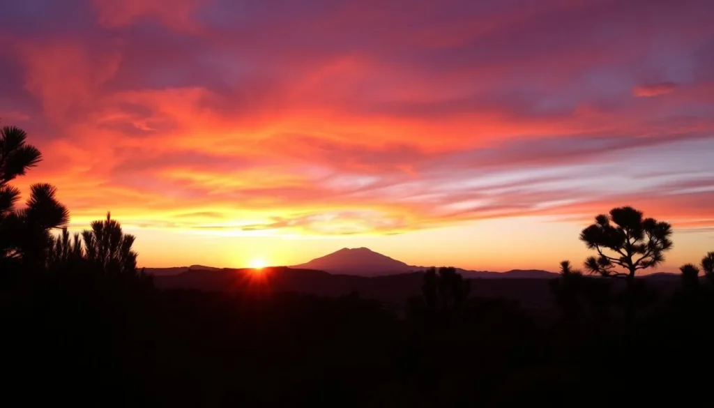 Sunset over Chambi National Park with silhouetted pine trees