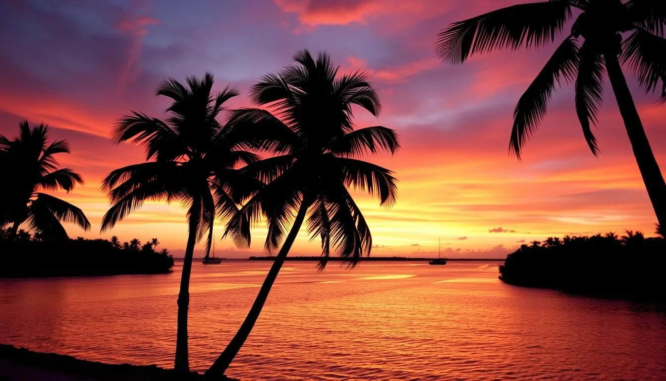Sunset over Conch Key Florida with palm trees silhouetted against orange and pink sky