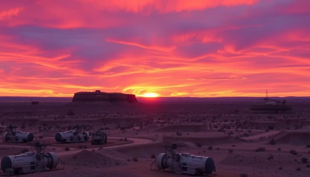Sunset over Coober Pedy, South Australia with the colorful sky illuminating the desert landscape