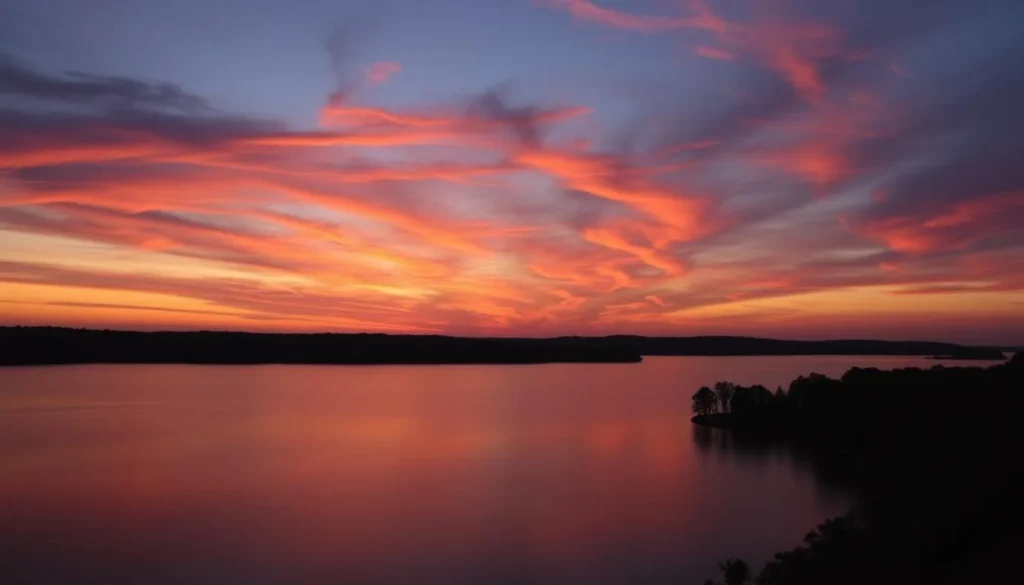Sunset over Cordell Hull Lake, Tennessee with silhouetted trees
