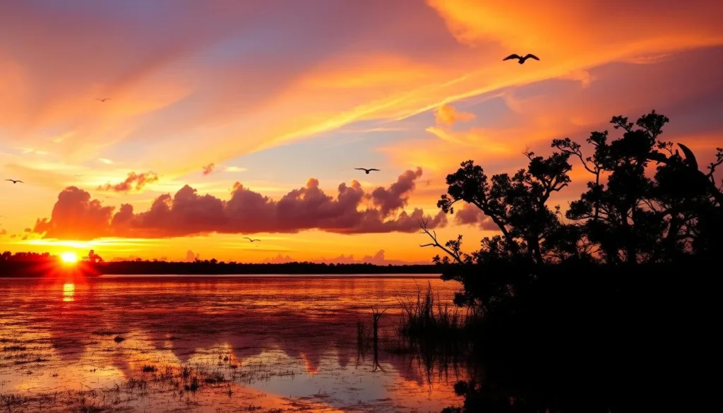 Sunset over Crystal River with silhouettes of mangroves and birds flying
