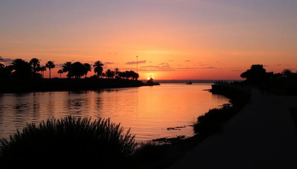 Sunset over Cudgen Creek in Kingscliff with people enjoying evening activities