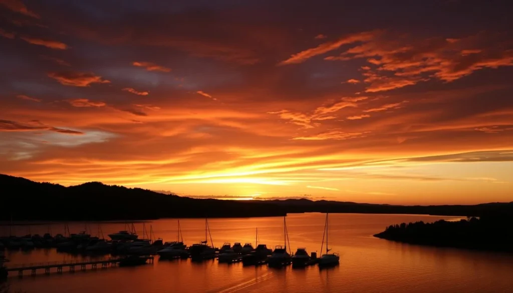 Sunset over Dale Hollow Lake with silhouettes of boats returning to marina Sunset over Dale Hollow Lake with silhouettes of boats returning to marina
