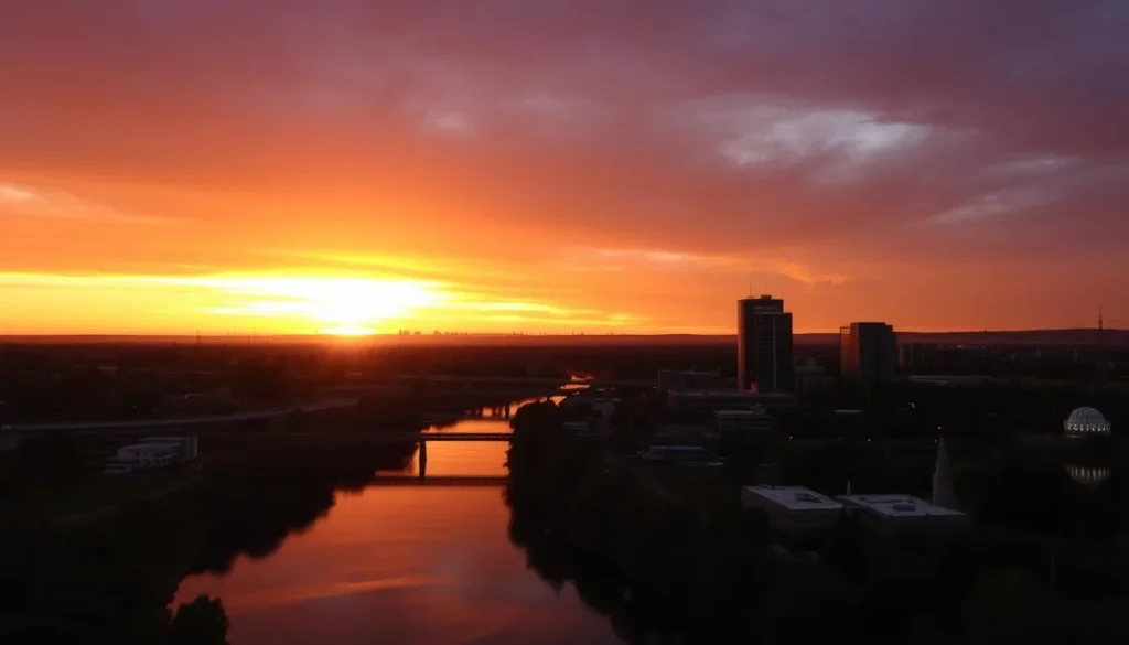 Sunset over Dubbo cityscape with the Macquarie River reflecting golden light