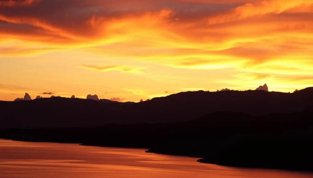 Sunset over East Canyon Reservoir with silhouetted mountains