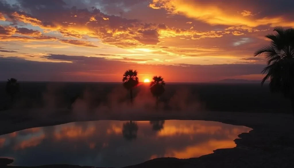 Sunset over Elsey National Park with silhouettes of palm trees and thermal pool reflection
