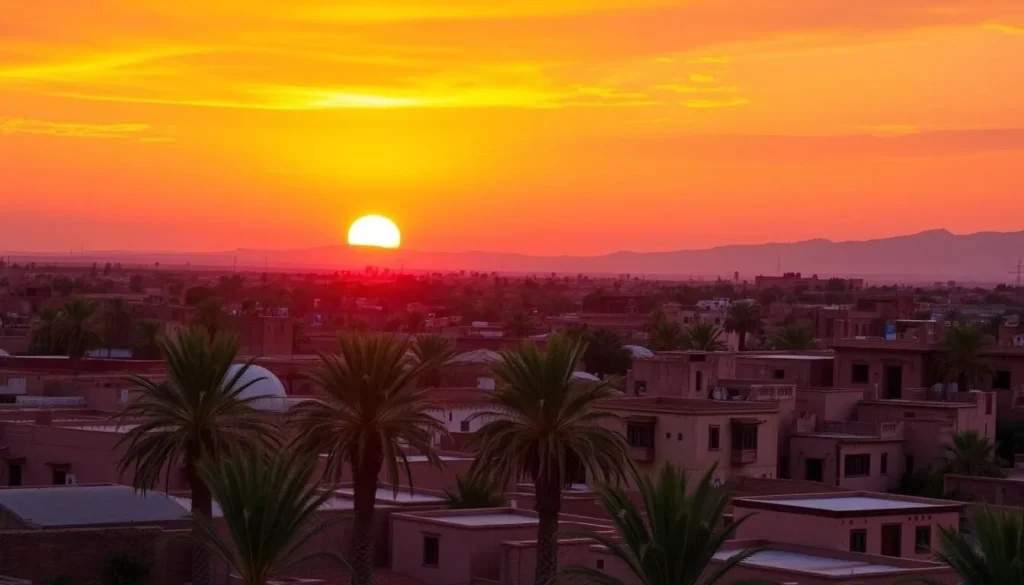 Sunset over Errachidia Morocco with golden light illuminating palm trees and desert landscape