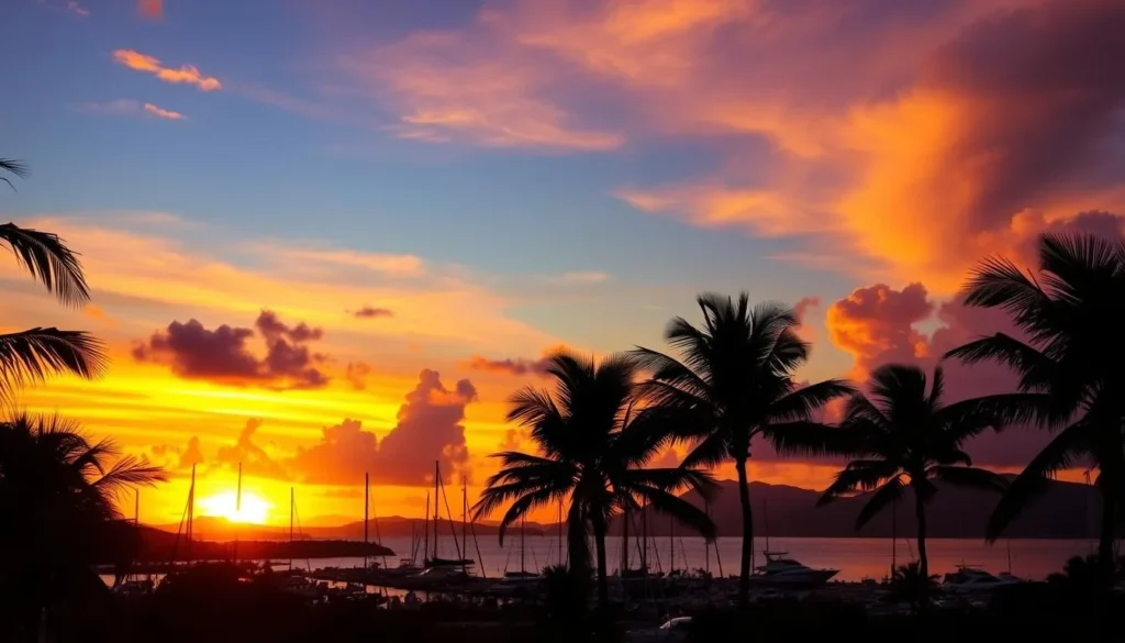 Sunset over Fajardo marina with boats and mountains in the background