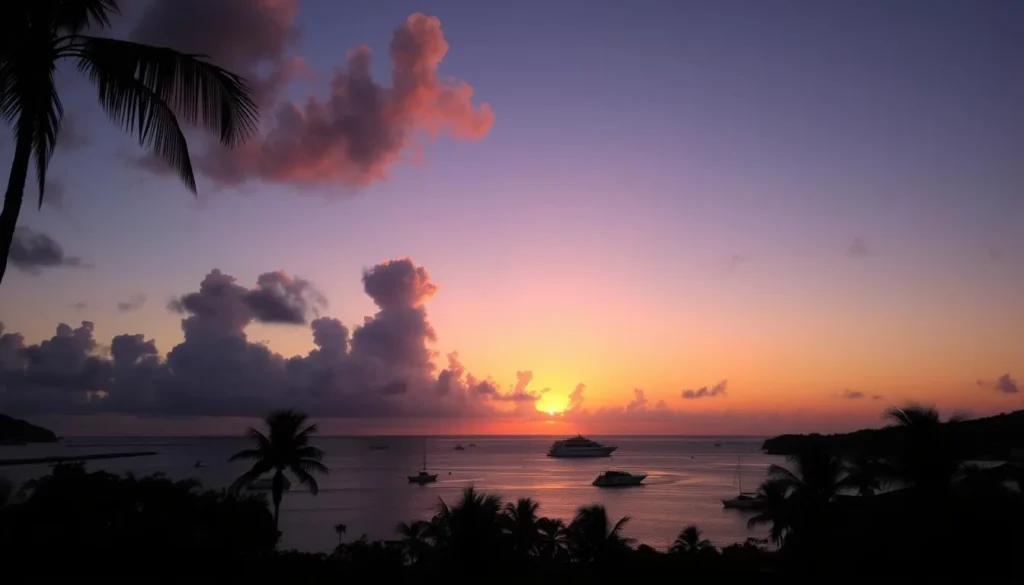 Sunset over Falmouth Harbour with palm trees silhouetted against orange sky